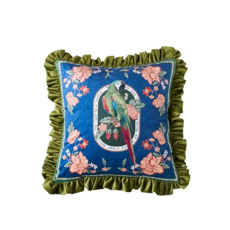 housse coussin imprimée perroquet oiseaux fleurs polyester coton lit carré vintage bleu vert rose