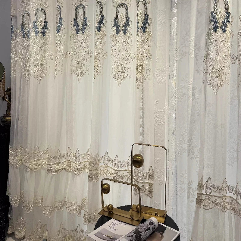 rideau double couche brodé blanc dentelle élégant salon chambre salon classique décoratif