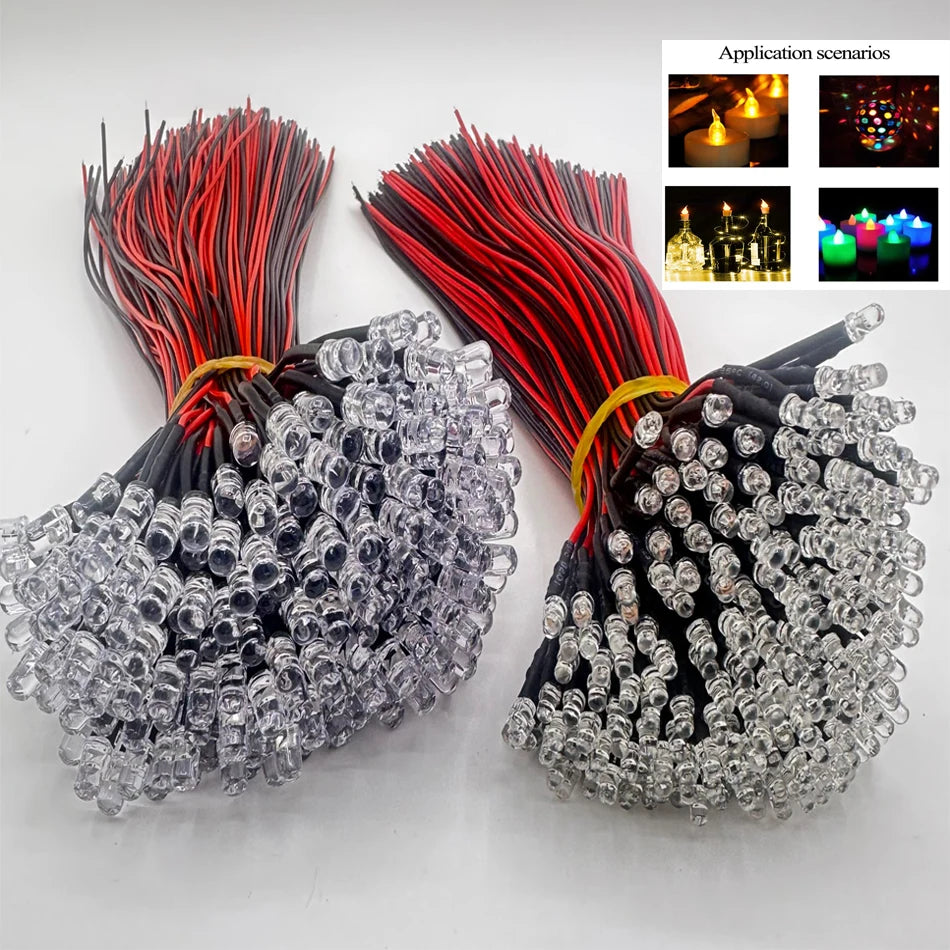 lot 100 ampoules led scintillantes 3mm 5mm rondes transparentes câbles pré raccordés blanc noir