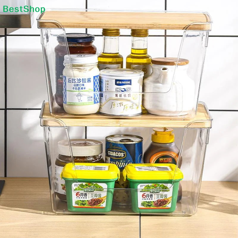 organiseurs garde manger empilables boîtes rangement transparentes plateaux bois pommes terre oignons tomates huile