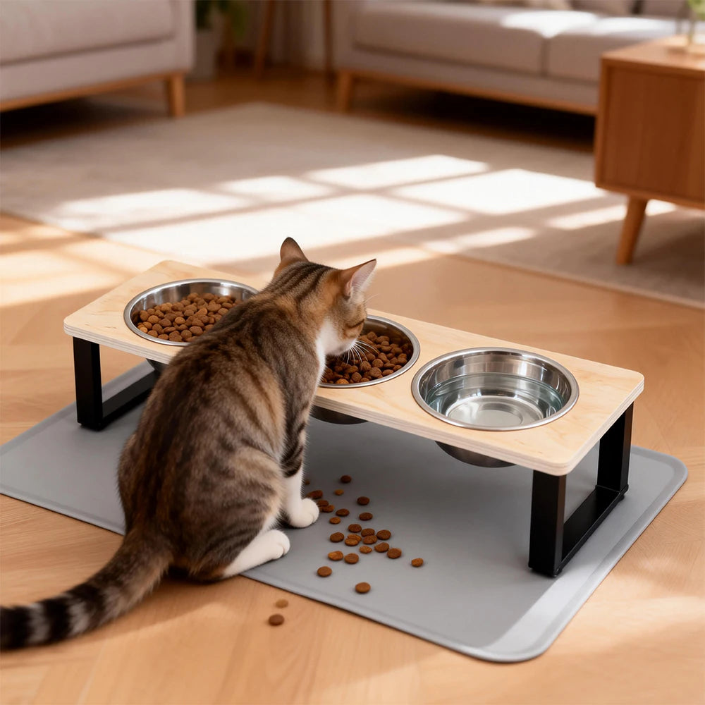 distributeur alimentation chats trois bols inox tapis antidérapant moderne minimaliste