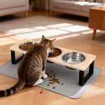 distributeur alimentation chats trois bols inox tapis antidérapant moderne minimaliste
