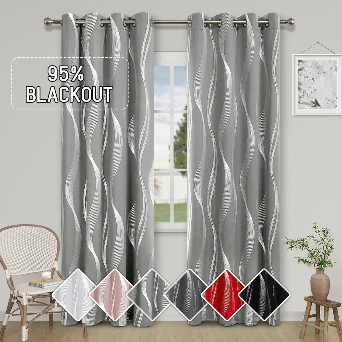 rideau moderne polyester opaque motif rayures ondulées gris blanc rose noir rouge salon chambrehôtel