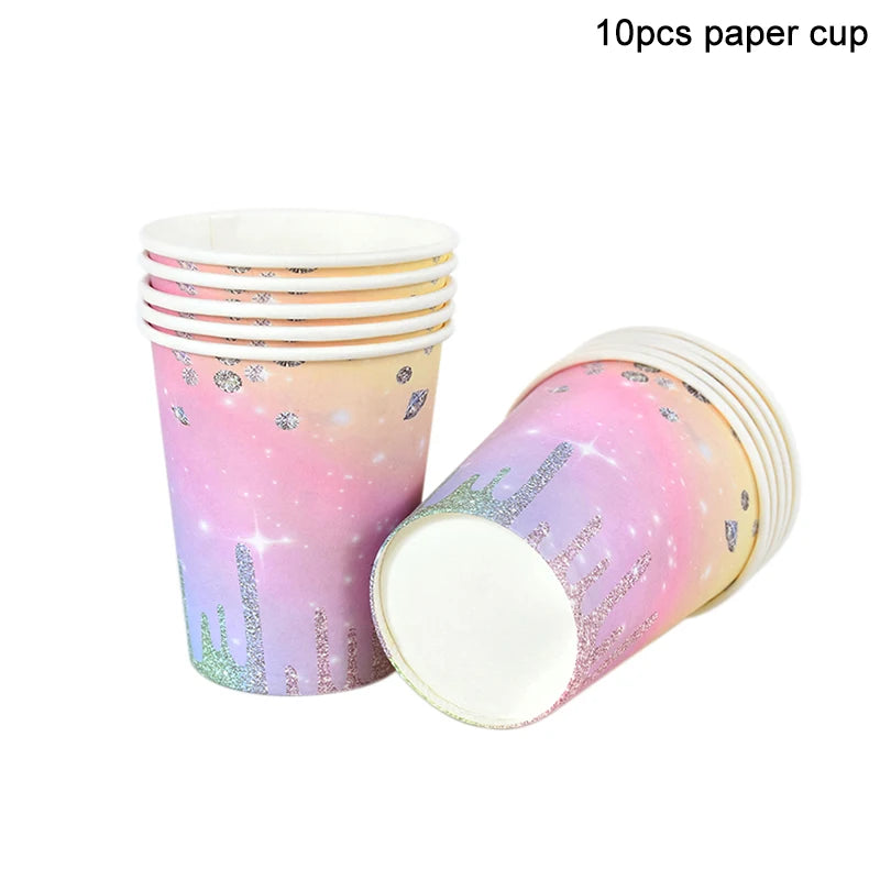 vaisselle jetable fête anniversaire moderne multicolore pailletée assiettes tasses serviettes pailles bannière happy birthday
