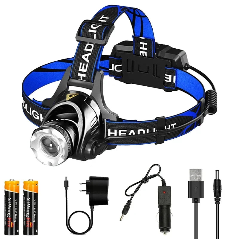 lampe frontale led rechargeable usb noir bleu rayures ajustable ceinture modes luminosité ipx4 water