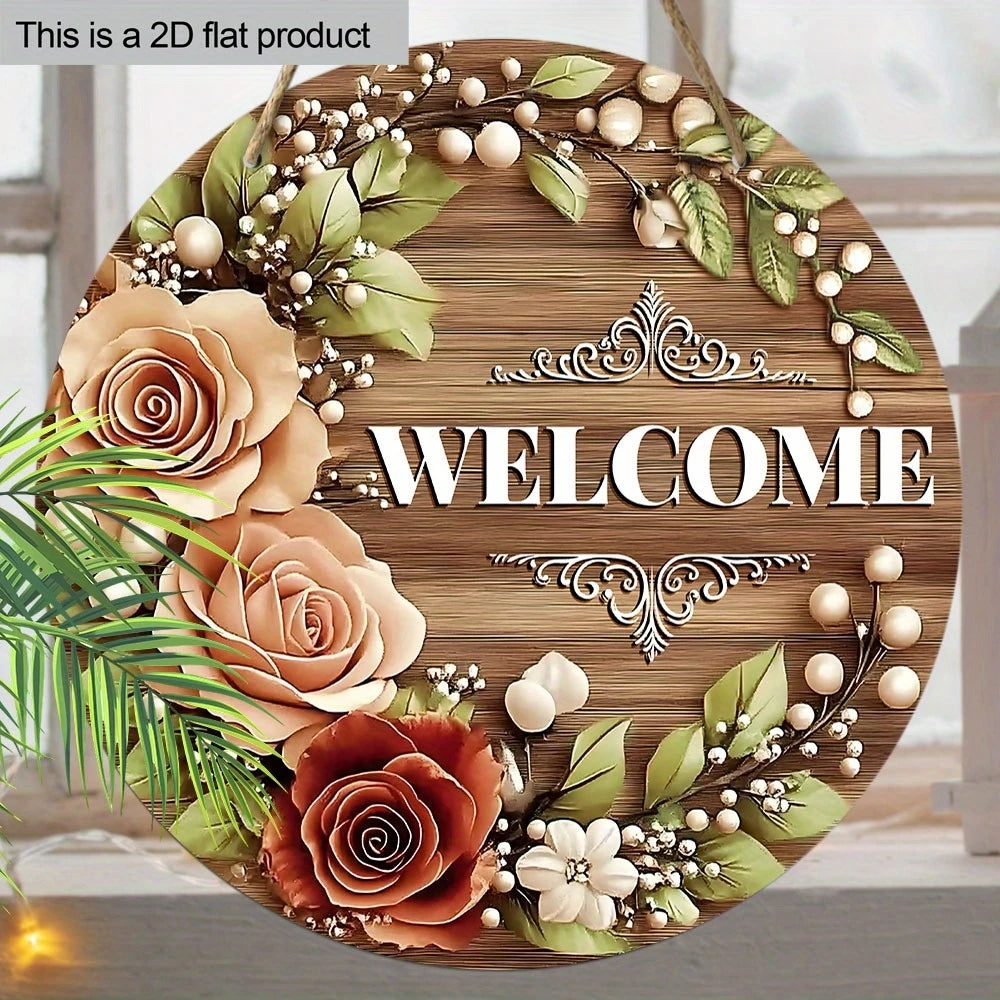 décoration murale bois fleurs bienvenue rustique pastoral jardin maison couronne verte