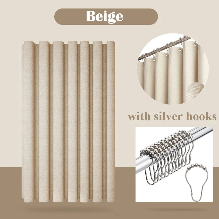 rideau douche moderne texturé beige vert olive imperméable crochets métalliques silver 120x180cm