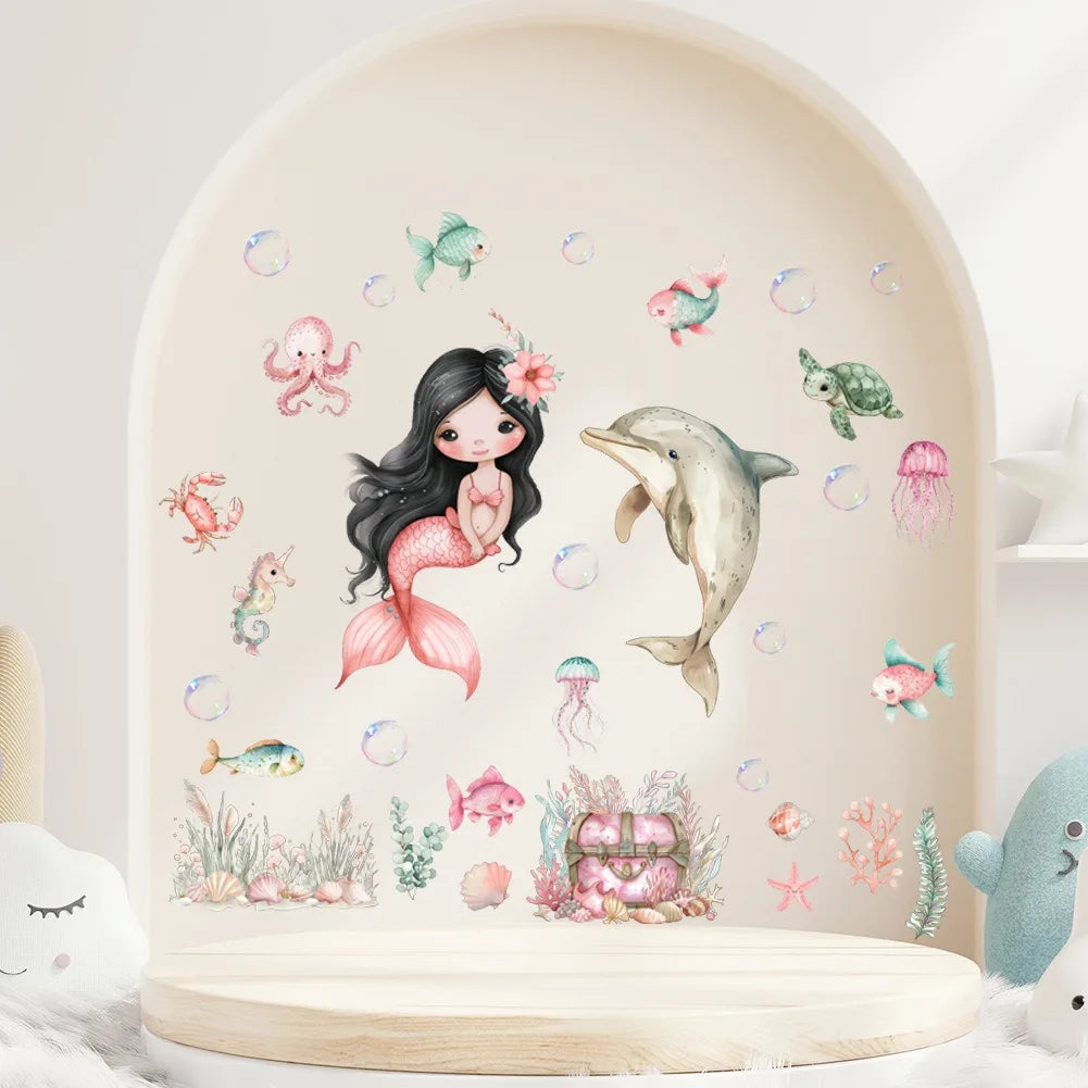 stickers muraux sirène dauphin poissons bulles coraux cartoon marine enfants chambre décoration mur