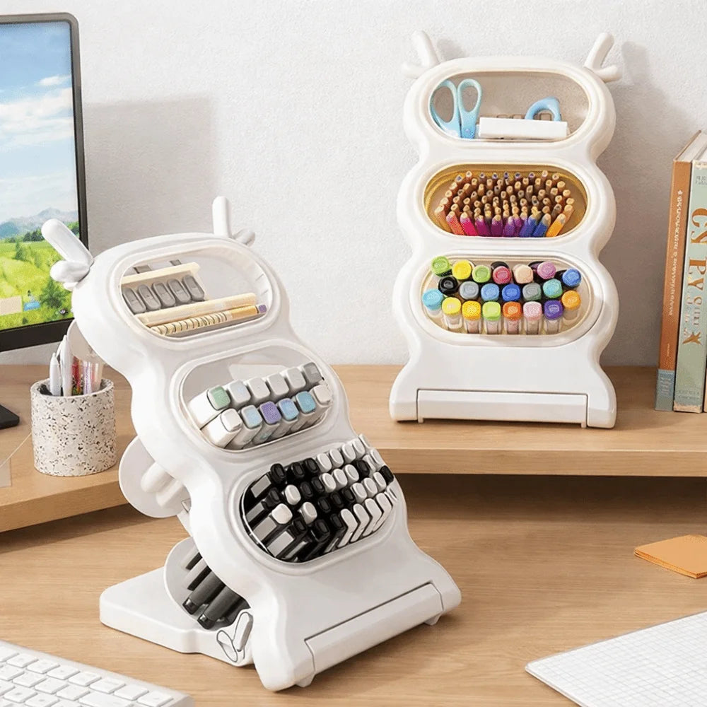 organisateur multinefs renne blanc beige compartiments transparents stylos crayons feutres ciseaux rangement multifonctionnel