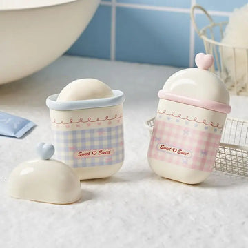 porte savon mignon double couche couvercle perforé rose bleu coton tige organisateur salle bain