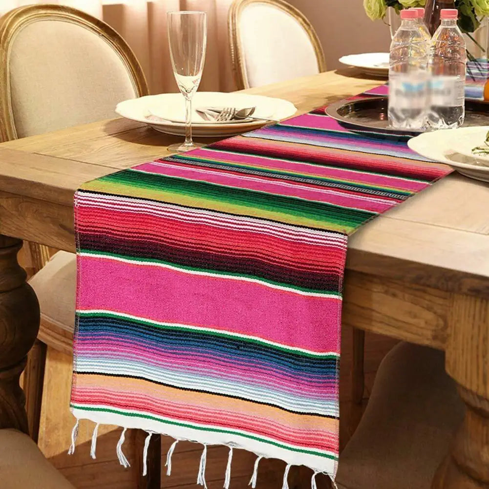nappe rayée arc ciel mexicain festive coton réutilisable franges couleur vive table