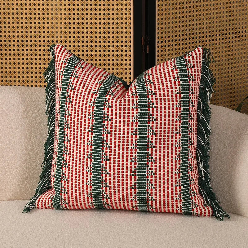 housses coussins carrées jacquard géométriques coton linge adhésives boho chic rouges blanches vertes maison