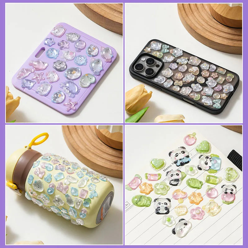 sticker adhésif kawaii animaux coeurs étoiles pastel multicolore transparent reflets