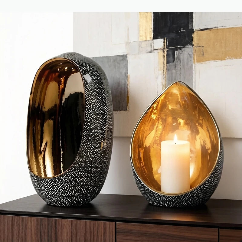 photophore ovale noir or support bougie céramique texturée intérieur brillant moderne décoration maison table