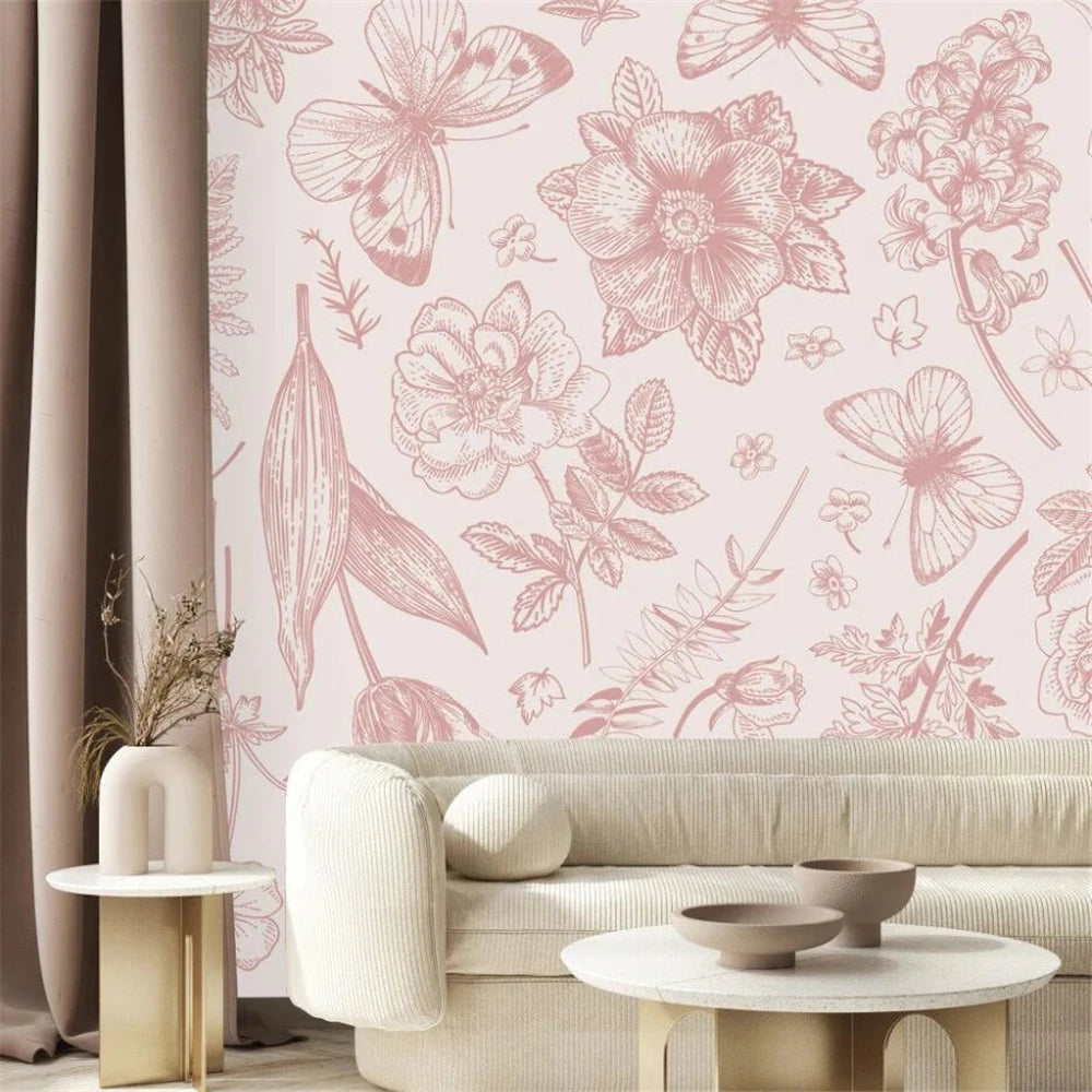 Détail du motif floral rose sur papier peint en soie