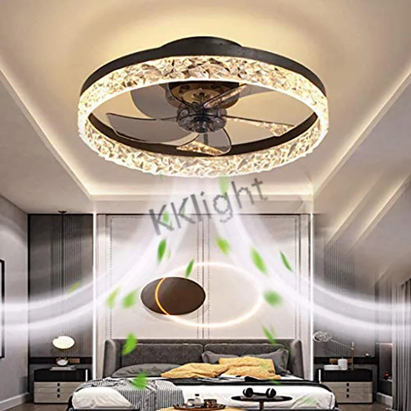 ventilateur lampe led télécommande moderne cristaux noir élégant eyelets circulaire