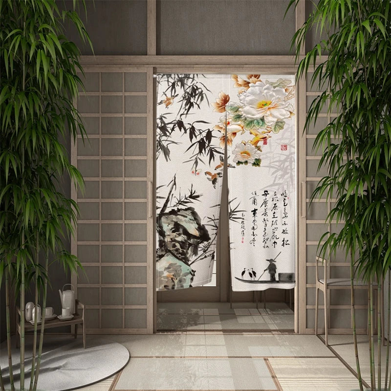 Rideau en bambou japonais avec peinture à l'encre suspendu dans une cuisine
