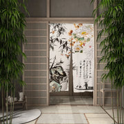 rideau japonais semi transparent motif bambou fleurs oiseaux calligraphie beige noir vert rouge blanc