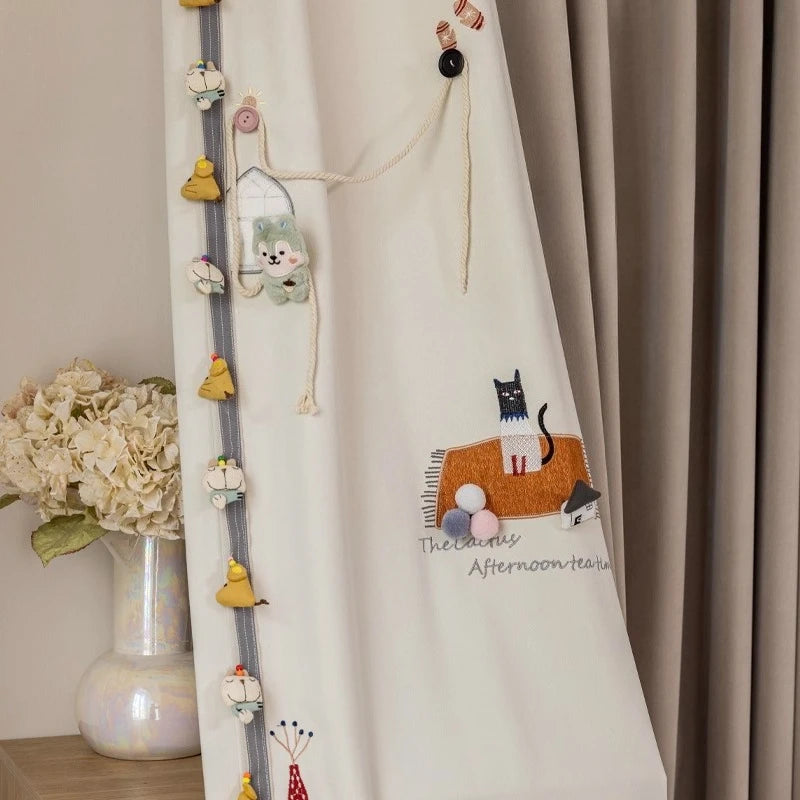 rideau occultant enfant motif chat oiseau beige moderne décoration chambre bébé fille garçon maison