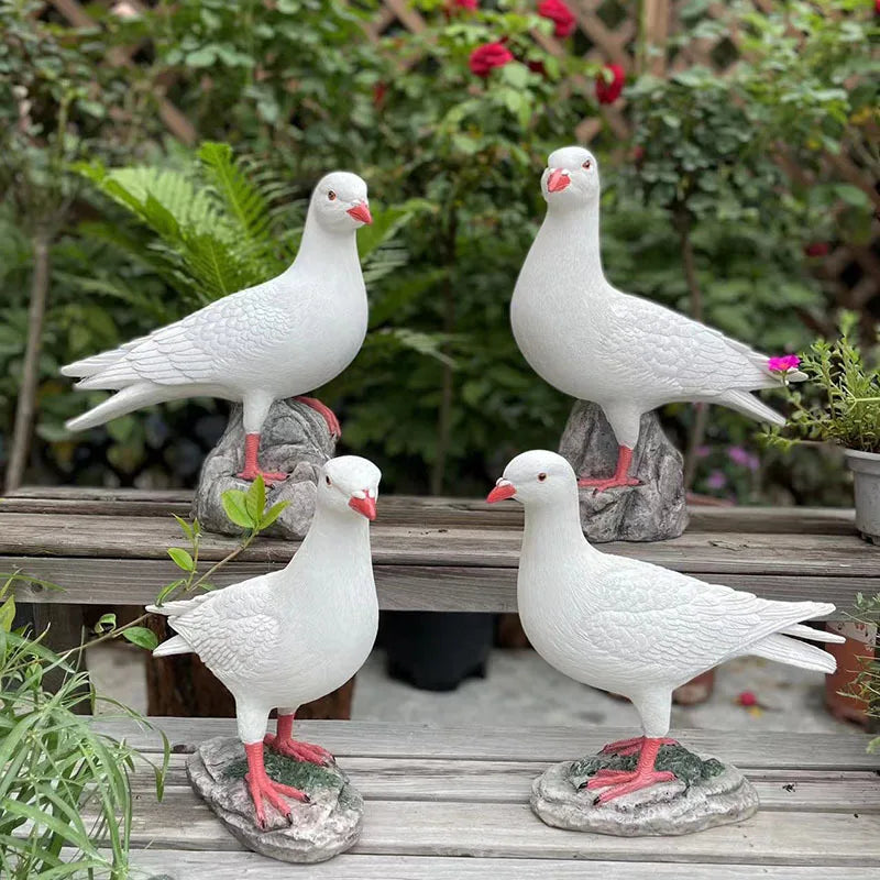 statues pigeons blancs relief plumes mousse artificielle base rocher extérieur intérieur ornement animal decoration