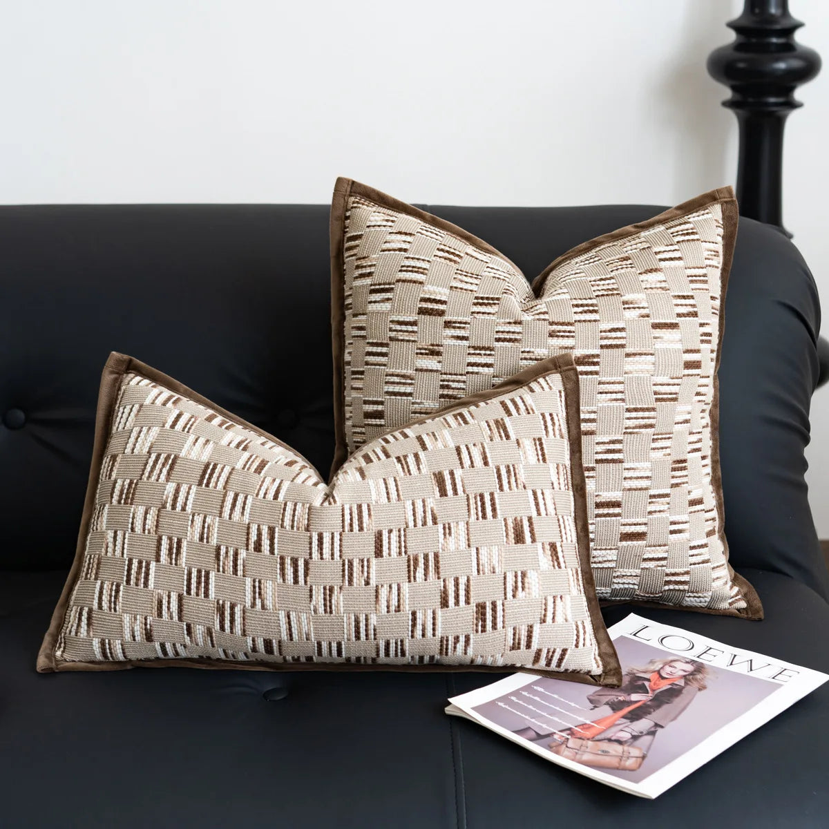 housse coussin polyester géométrique beige marron nordique contemporain adhésif tassel decoration intérieur voiture