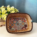 panier rangement boho marron beige vert motifs floraux rustique