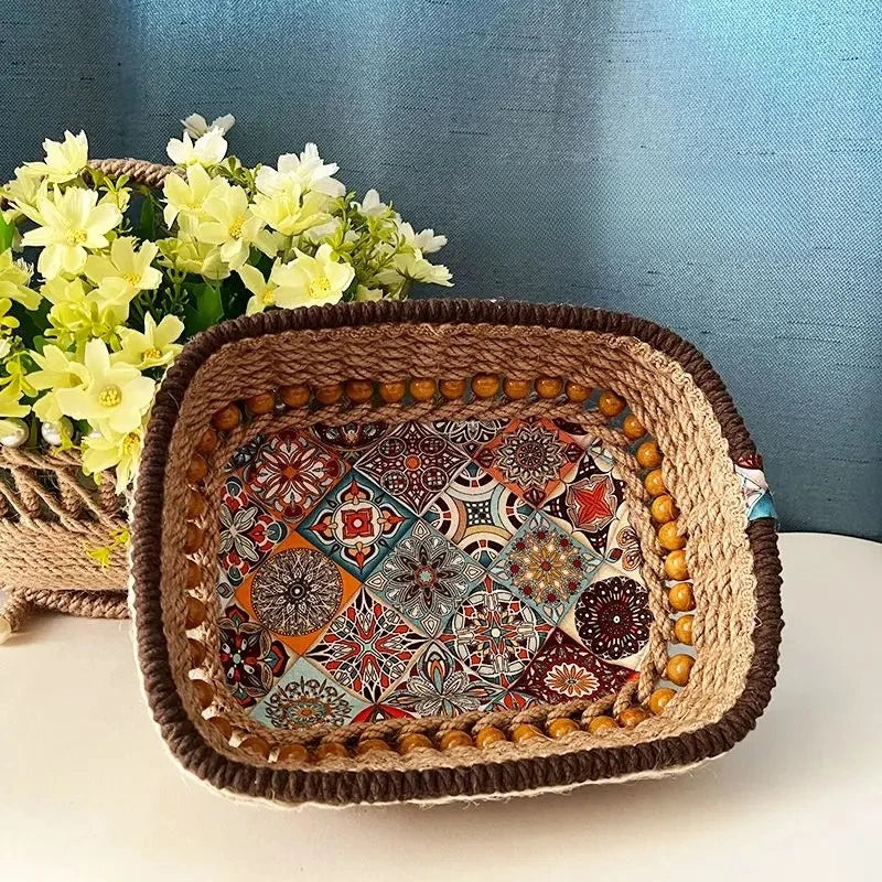 panier rangement boho marron beige vert motifs floraux rustique