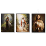 Triptyque religieux représentant Jésus-Christ sous différentes scènes de sa vie, avec un berger et un agneau dans l'une des images.