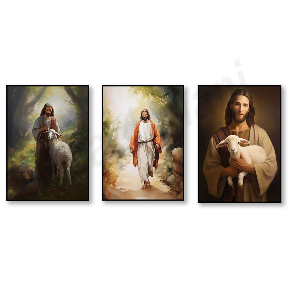 Triptyque religieux représentant Jésus-Christ sous différentes scènes de sa vie, avec un berger et un agneau dans l'une des images.