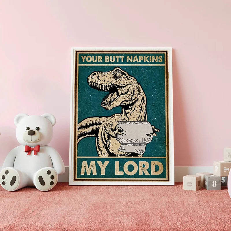 affiche humoristique dinosaure serviettes vintage cadre métal illustration texte decoration maison toile imprimée