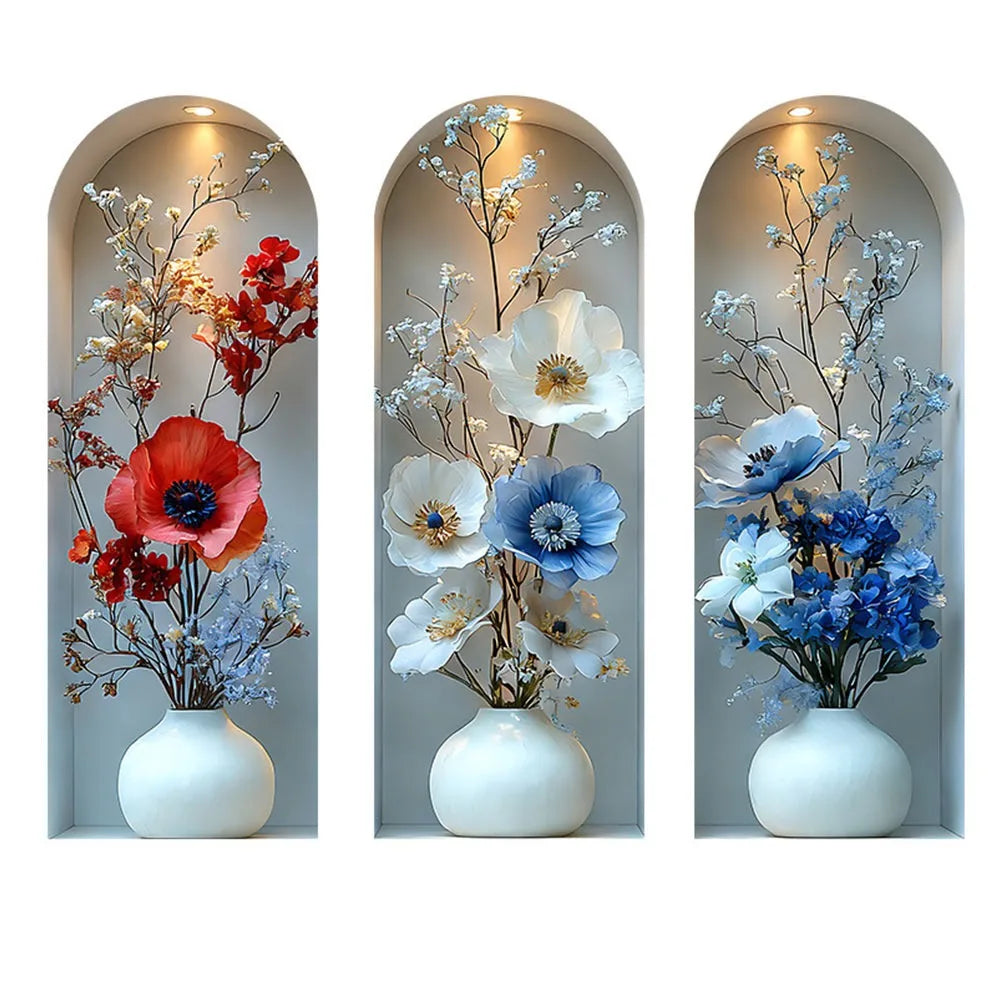décoration murale autocollant pvc fleurs stylisées or argent blanc moderne élégant rouge bleu rose