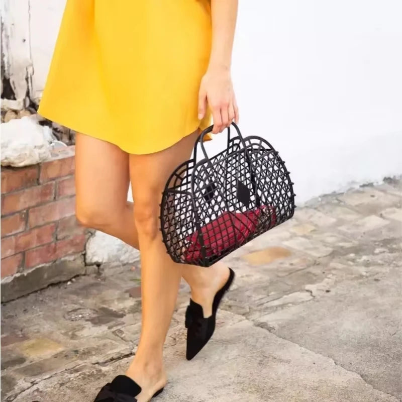 panier maille moderne noir rose clair bébé rangement réutilisable respectueux environnement minimaliste poignéescrição basée
