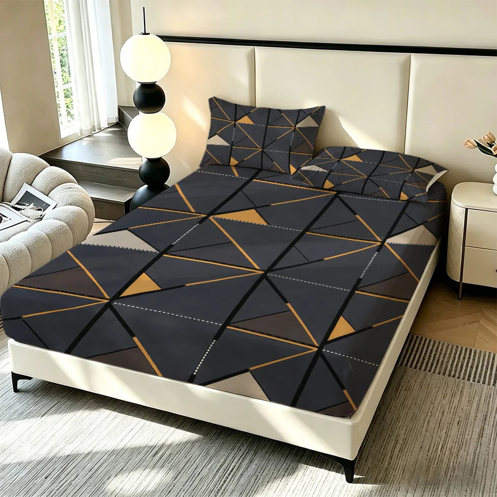 ensemble literie moderne drap housse bleu foncé gris doré motifs triangles taies oreillers adultes