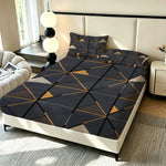 ensemble literie moderne drap housse bleu foncé gris doré motifs triangles taies oreillers adultes