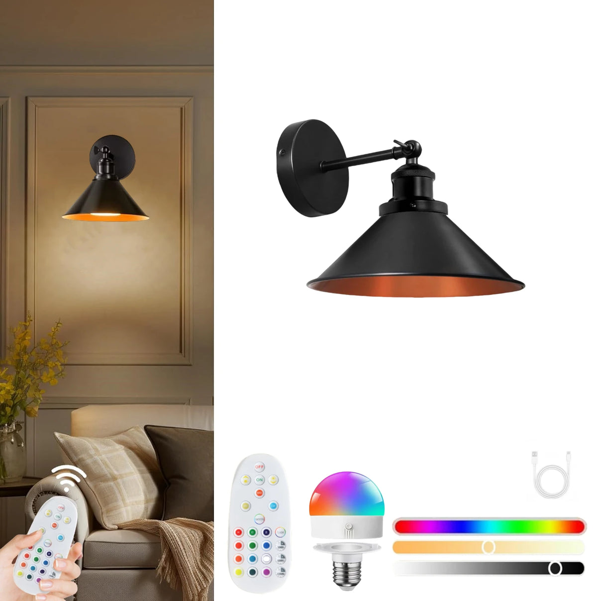 applique murale industrielle led rechargeable noir cuivre éclairage quotidien temporisation télécommande 15 couleursRGBOptimal