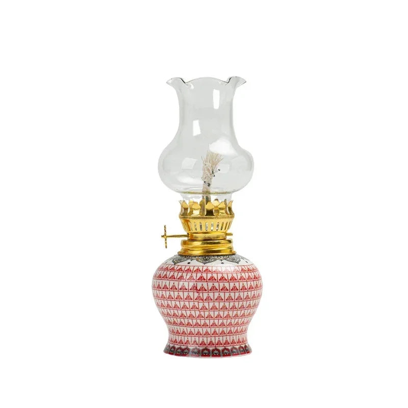 lampe huile verre transparent motif floral classique bougie blanche bleue dorée vintage