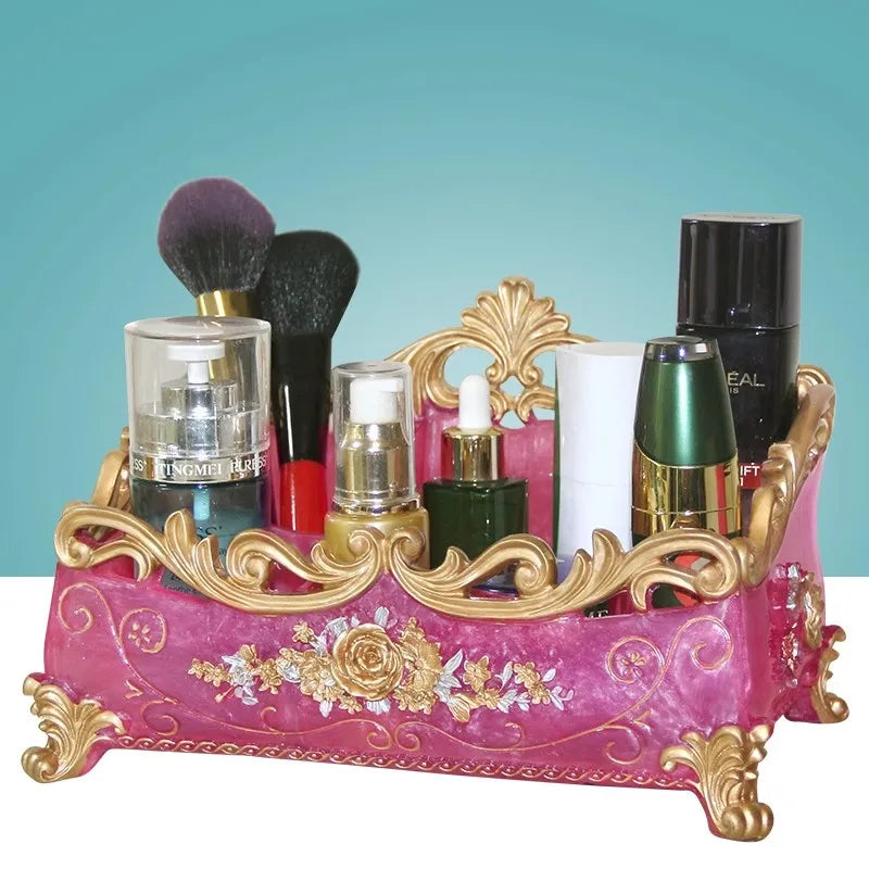 organisateur maquillage réutilisable résine fleurée classique beige doré rose bleu