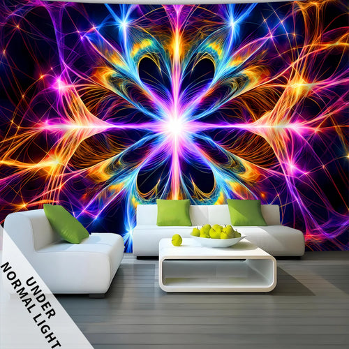 tapisserie murale moderne fractale bleu violet lumineuse chambre salon decoration festive cyberpunk abstraite