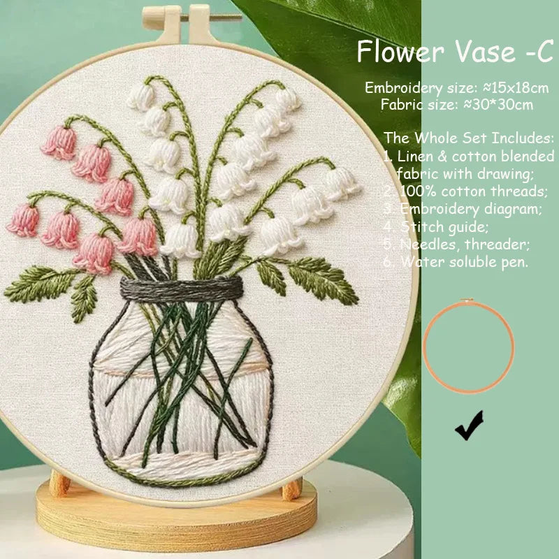 kit broderie fleurs vases multicolore traditionnel anneaux bois guide couture aiguilles fil coton