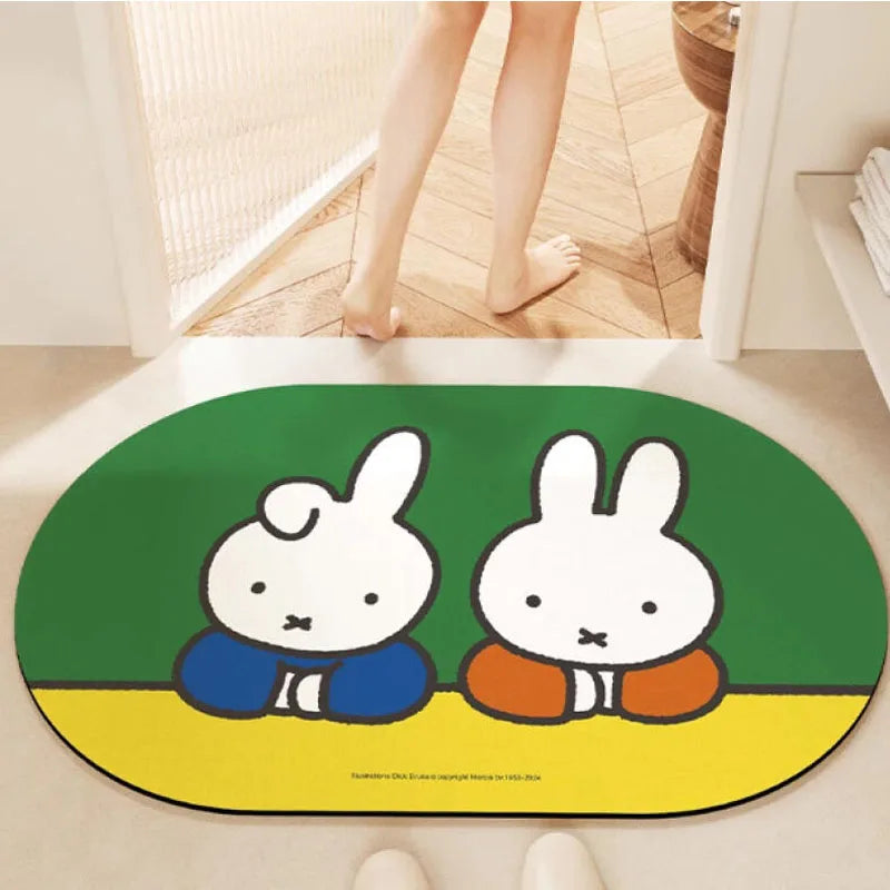 tapis bain dessin animé lapins gris jaune vert bleu rayures enfantin absorbant