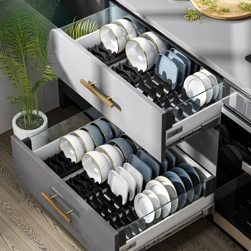 supports rangement assiettes bols clips réglables moderne blanc bleu doré respectueux environnement cuisine