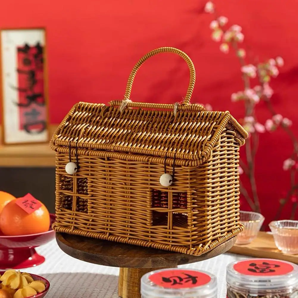panier tressé forme maisonnette couvercle rouge fenêtres rectangulaires ornements chinois traditions festives