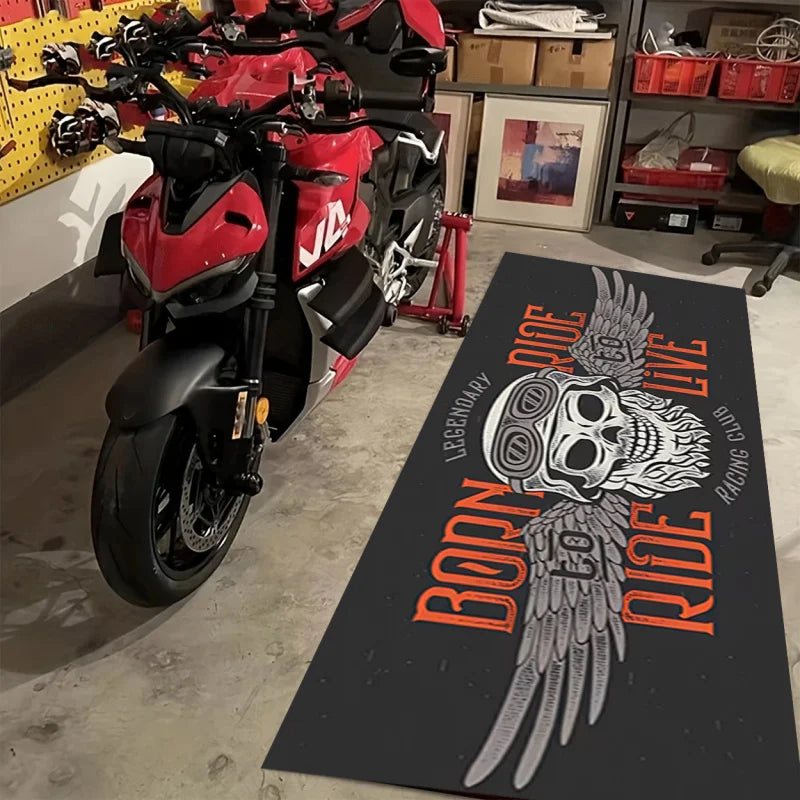 tapis crâne ailes born to ride graphique noir blanc orange imperméable antidérapant polyvinyle polyester