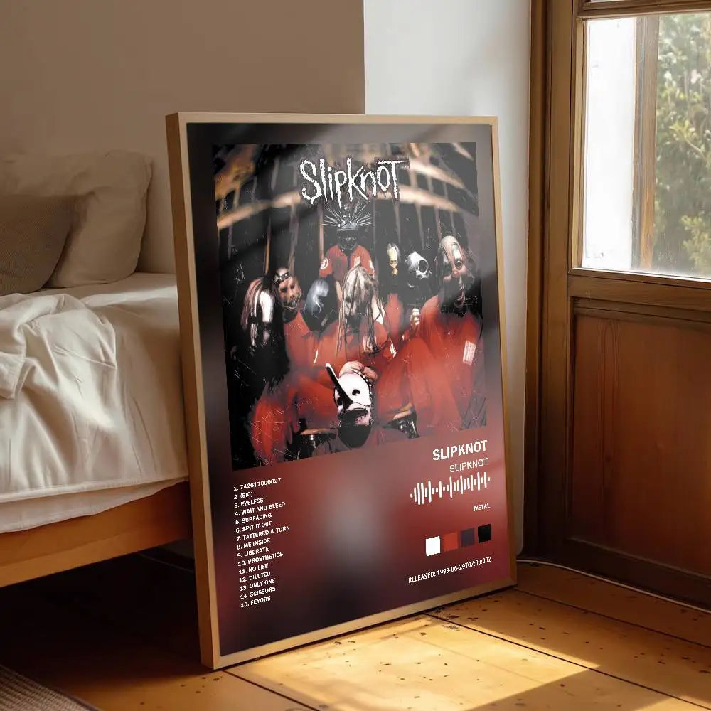 affiche musicale slipknot tête bête skelette moderne noire blanche rouge graphique