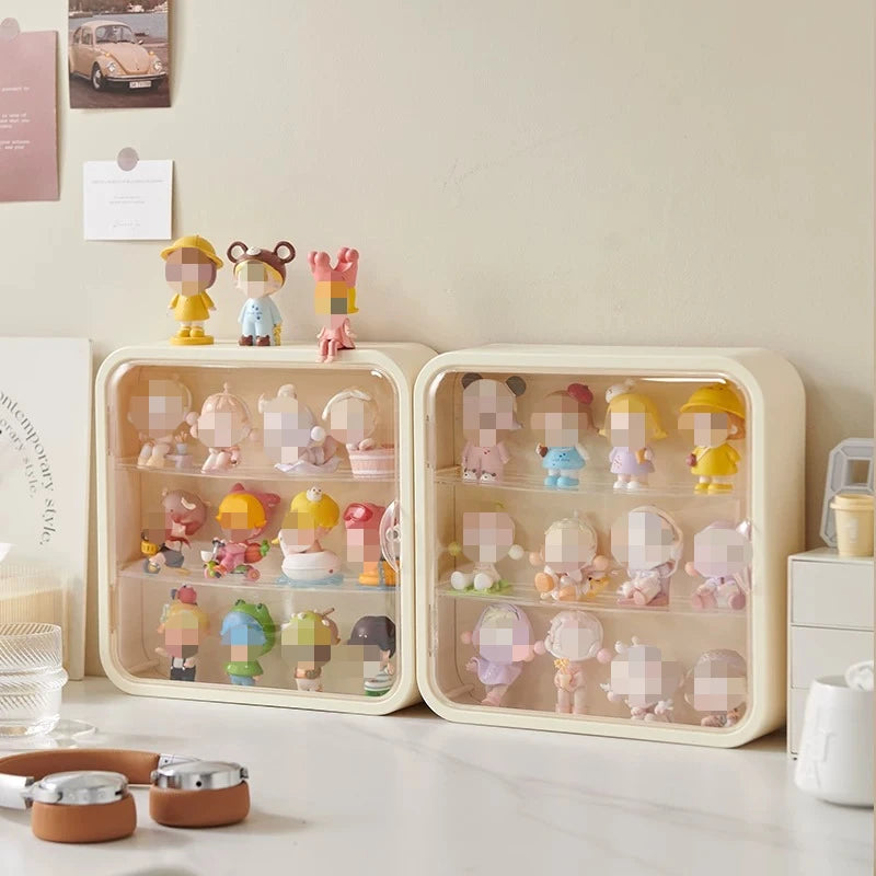 boîtes figurines transparentes moderne rangement mur beige clair stockage salon organisation deco adultes