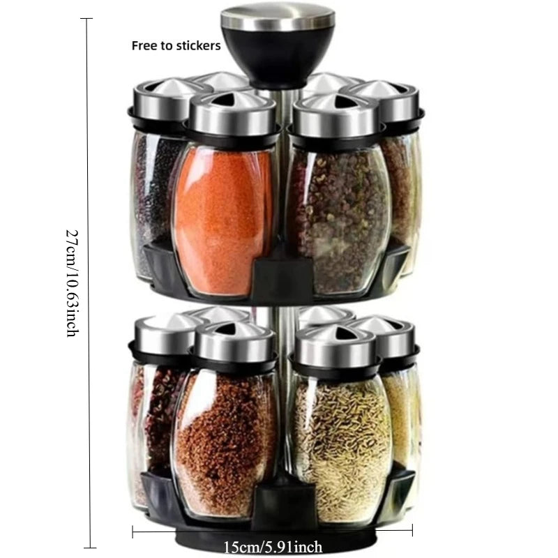 ensemble pots épices rotatifs moderne noir transparent verre organisation cuisine efficace