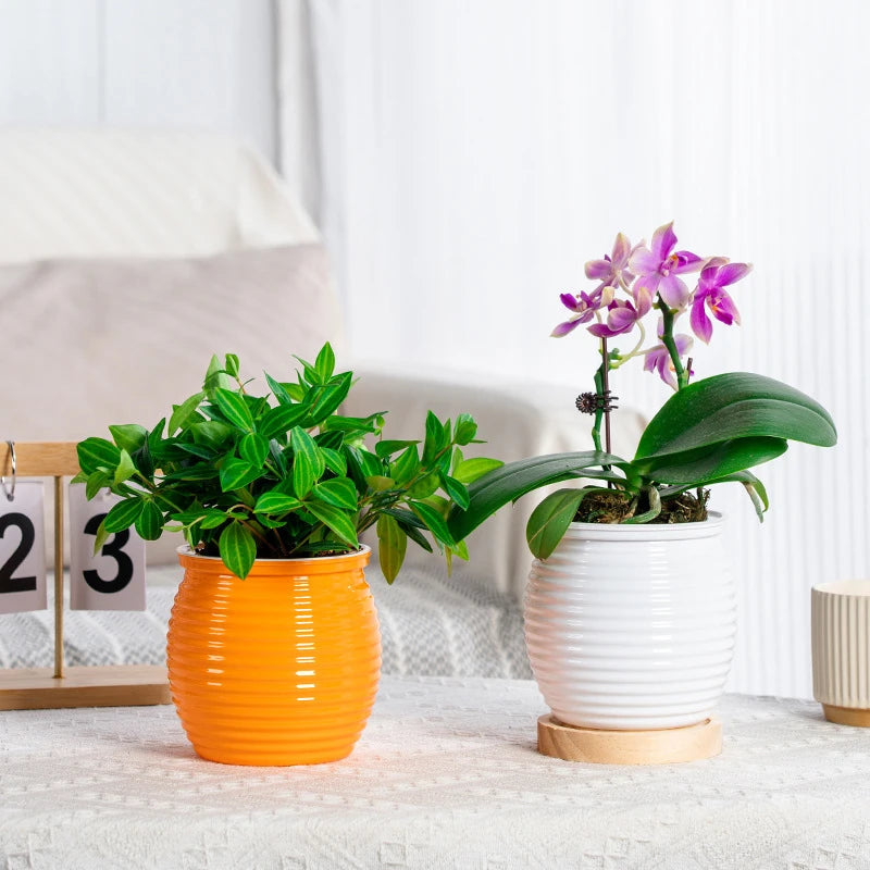 pots fleurs modernes rayures horizontales gris orange rouge blanc