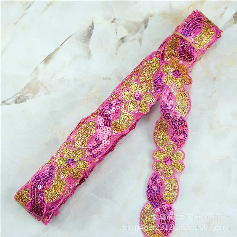 ruban décoratif dentelle sequins fleurs 4cm bleu vert rouge rose or argent partie