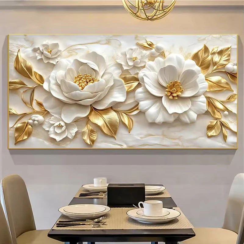 tableau mural moderne toile coton fleurs relief blanc doré sans cadre 20x40cm 30x60cm 40x80cm