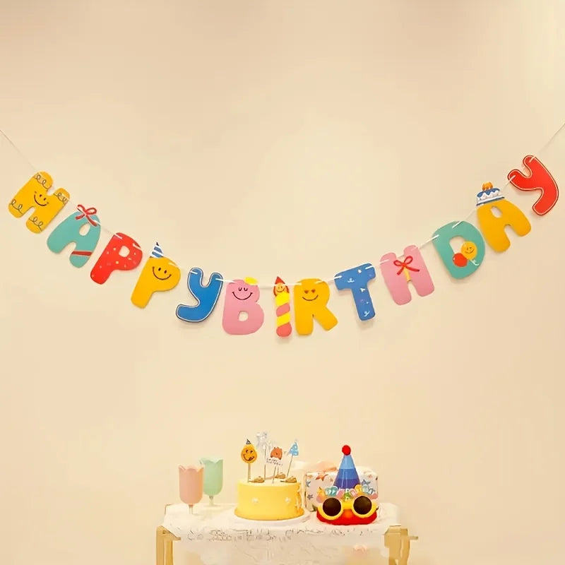 guirlande lettres happy birthday multicolore jaune bleu rose verte orange souriantes simple